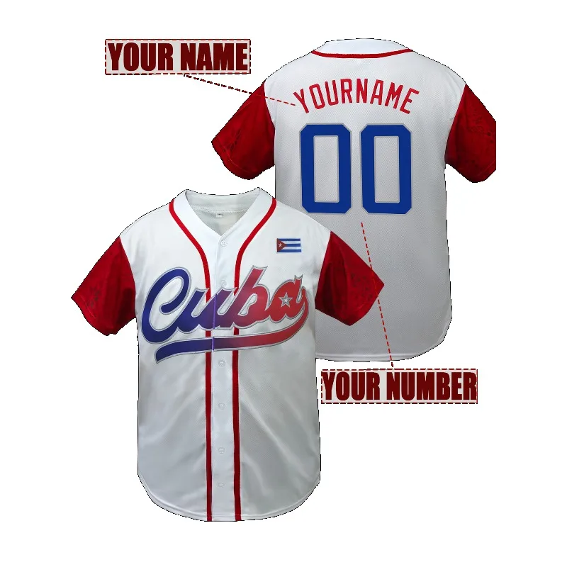 맞춤형 이름 및 번호 남성용 자수 야구 저지 쿠바 V넥 맞춤형 반팔 DIY 고품질 셔츠