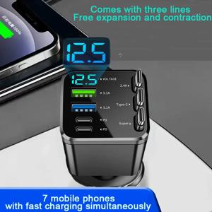 7 in 1 다기능 자동차 충전기, 고속 충전, 리트랙터블 케이블, USB 타입 C 멀티 포트 자동차 충전 어댑터 호환