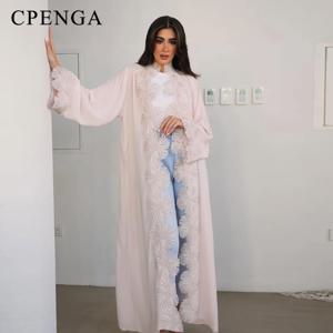 우아한 중동 무슬림 여성 단정한 가디건 이드 두바이 꽃무늬 아바야 드레스 이슬람 여행복 터키 핑크 카프탄 로브