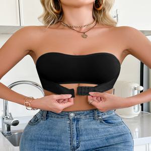 여름용 단색 스트랩리스 무선 여성 브라 브라렛 앞후크 푸쉬업 브라 편안한 노패드 브라