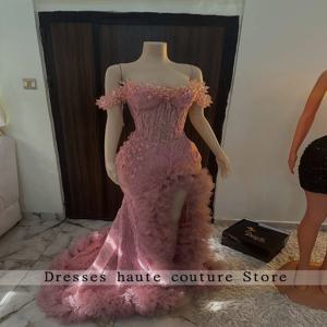 럭셔리 핑크 다이아몬드 댄스 파티 드레스 2026 프릴 하이 슬릿 아프리카 여성 공식 웨딩 파티 드레스 이브닝 가운 맞춤형