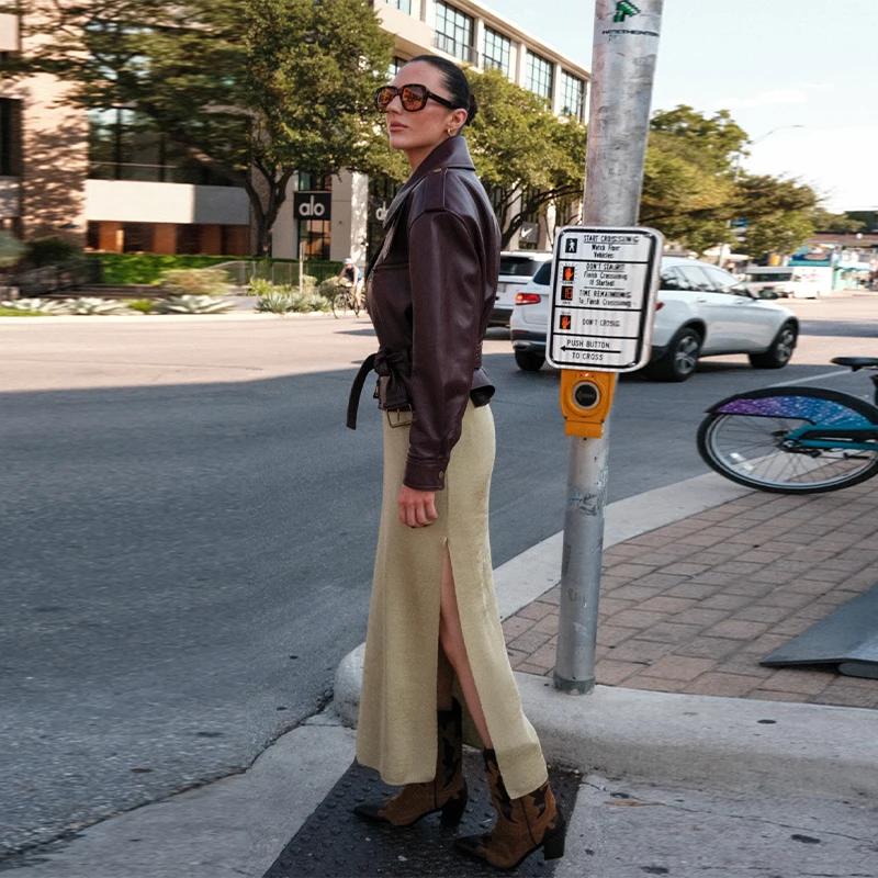 빈티지 패션 우아한 하이넥 가죽 재킷 2025 신상 정교한 허리 조임 숏 코트 하이 스트리트 인조 가죽 의류