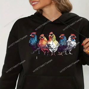 여성용 아늑한 양털 안감 후드 스웨트셔츠와 다채로운 치킨 프린트 - 캐주얼 긴 소매, 기계 세탁 가능, 가을에 딱 맞습니다.