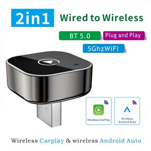 신형 2in1 미니 무선 카플레이 및 안드로이드 오토 어댑터 5GHz 와이파이, 타입-C/USB 플러그 앤 플레이 스마트 박스 차량용 액세서리 동글