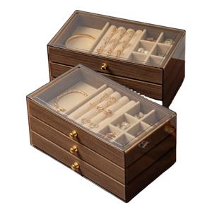 프리미엄 방진 월넛 나무 보석 정리함 3단 서랍 여성용 팔찌 브로치 보관함