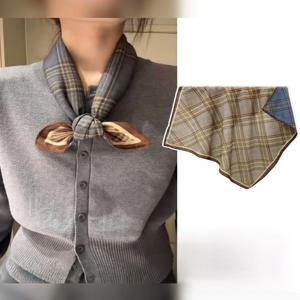 양면 컬러 블록 플래드 스카프 넥워머 얇은 스타일 여성용 봄 가을 패셔너블 한국 패턴 실크 스카프