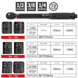 72T 토크 렌치 1/2'' 3/8'' 1/4'' 스퀘어 드라이브 프리셋 자전거 토크 키 양방향 라쳇 자동차 자전거 자동차용 수공구