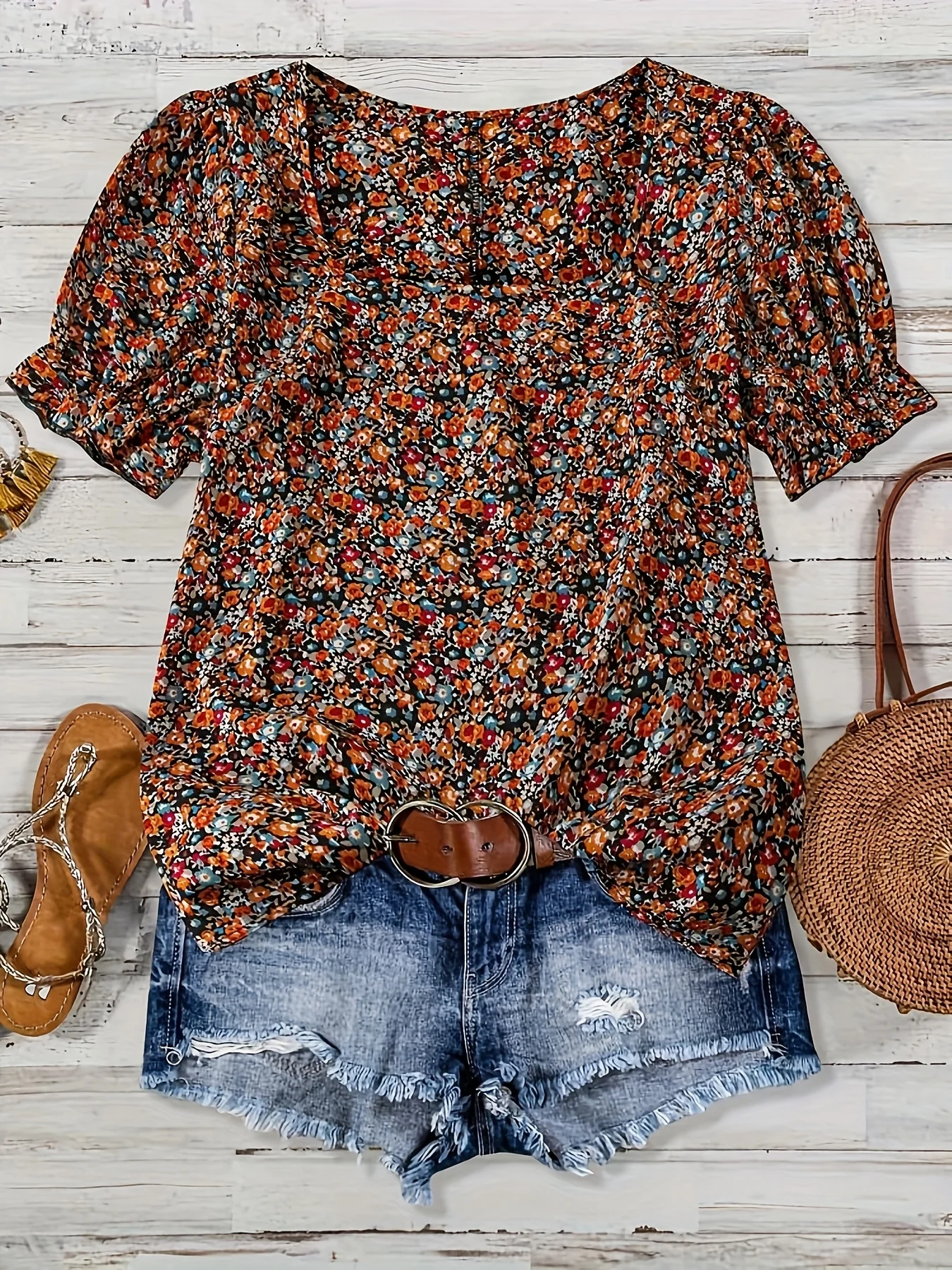 일상복을 위한 큰 사각 네크라인 반팔 꽃무늬 캐주얼 탑 보헤미안 스타일/보헤미안 스타일 휴가/휴가용