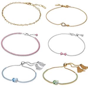 오리지널 925 스털링 실버 핑크 리본 팔찌, 꿀벌 하트 반짝이는 지르콘 참 팔찌, 여성용 쥬얼리 DIY 액세서리 선물