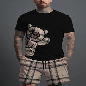 2026 여름 캐주얼 반팔 패션 통기성 스포츠 세트 루즈핏 빠른 건조 남성용 반팔 힙합 곰 프린트 세트
