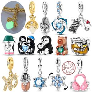 새로운 오리지널 참 비즈 펜던트 925 실버 펭귄 눈꽃송이 카피바라 고양이 나비 XO 참 팔찌 뱅글 여성용 주얼리