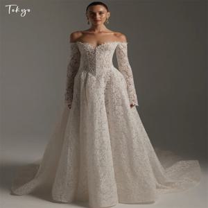 도쿄 맞춤형 화이트 오프 숄더 웨딩 드레스 긴 소매 지퍼 백 브라이덜 가운 A-라인 코트 트레인 웨딩 가운 2026