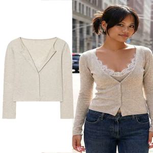 여성 패션 레이스 브이넥 크롭 가디건 코트 긴 소매 버튼 니트 스웨터 봄 캐주얼 스트리트웨어 여성 슬림 니트웨어