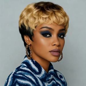 픽시컷 가발 곱슬 웨이브 인모 가발 앞머리 포함 여성용 풀머신 제작 가발