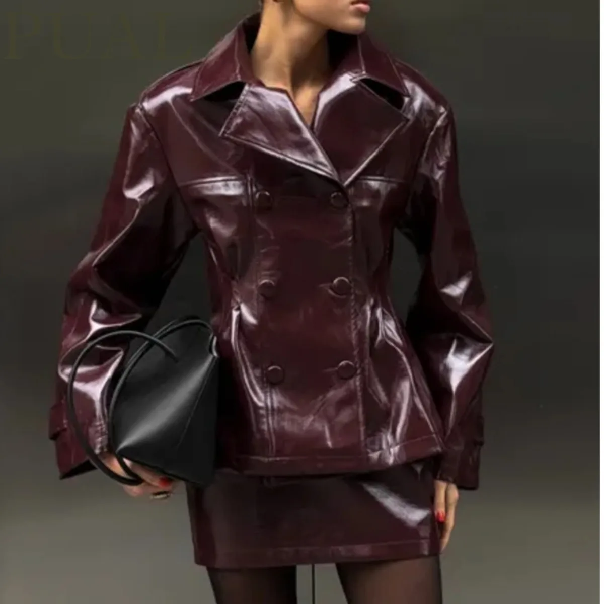 PUAL 여성용 버건디 에나멜 가죽 더블 브레스티드 재킷 - 가을/겨울 스트리트웨어용 광택 인조 가죽 블레이저