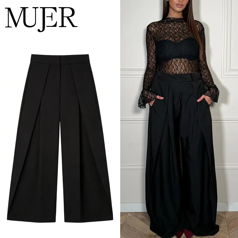 MUJER 블랙 헐렁한 바지 여성용 주름 와이드 레그 팬츠 스트라이프 캐주얼 여성 바지 봄 하이 웨이스트 바지 여성용