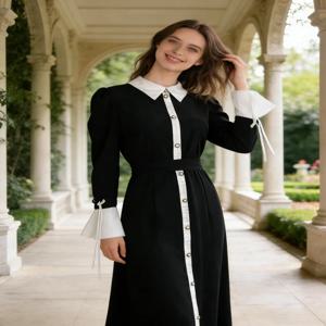 RANGWU 빈티지 블랙 화이트 맥시 드레스 2026 여성용 긴 소매 셔츠 칼라 웨딩 게스트 가운