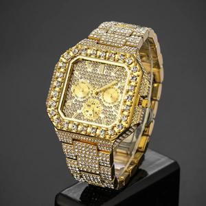 남성용 대형 금은 손목시계, 풀 스톤 힙합 패션 시계, 쿼츠 시계, 날짜, 요일, 다기능 3 다이얼