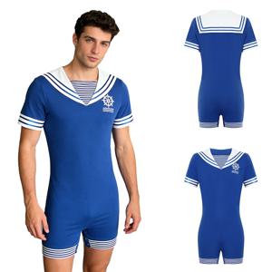 남성 잠옷 파티 세일러 스타일 잠옷 바디 슈트 네이비 칼라 반소매 버튼 가랑이 점프 슈트 라운지 수면 홈웨어