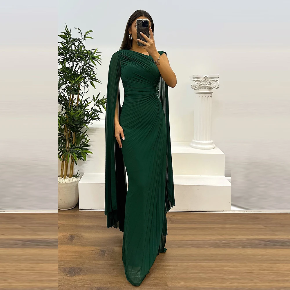 현대 맞춤형 사우디 드레스 트럼펫 V 넥 바닥 길이 이브닝 드레스 망토 소매 공식 웨딩 파티 드레스