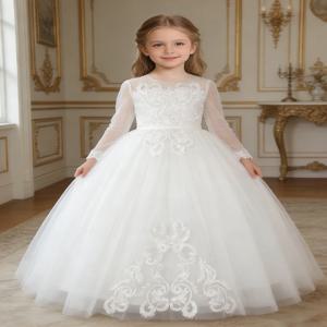 여아 공주 드레스 긴팔 레이스 자수 퍼프 소매 흰색 생일 드레스 플라워 걸 드레스