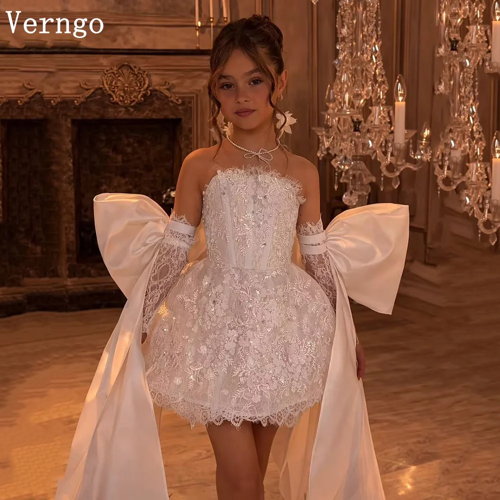 Verngo 럭셔리 레이스 미니 소녀 생일 파티 드레스 스트랩리스 보우 공주 키즈 댄스 파티 드레스 어린이 행사 소녀 드레스 맞춤형