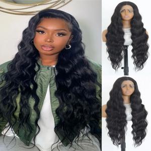 여성용 롱 웨이브 블랙 13*4 레이스 프론트 합성 가발, 긴 웨이브 자연스러운 헤어라인, 내열성 섬유 레이스 프론트 가발 32인치