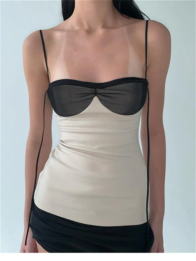 Nibber 패치 워크 패널 여성 미니 드레스 간결한 술 감싸 인 가슴 불규칙한 등받이 슈퍼 짧은 베스 티드 트렌드 streetwear