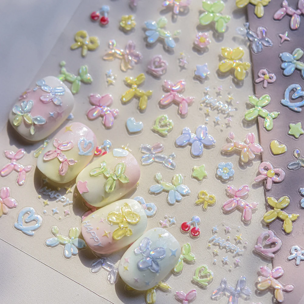 다채로운 풍선 귀여운 강아지 꽃 체리 Bowknot 사랑 행복한 개 동물 자기 접착제 네일 아트 스티커 장식 매니큐어 데칼