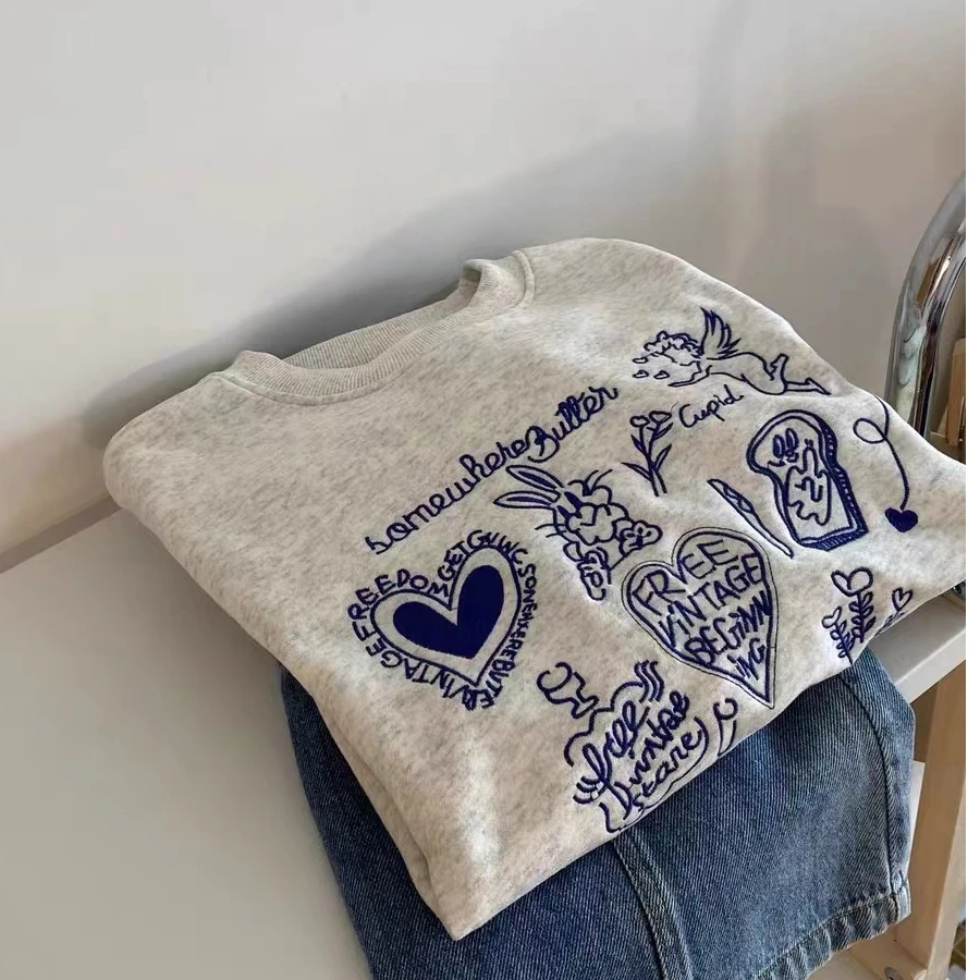 여성용 긴팔 플리스 안감 자수 토끼 하트 티셔츠 탑 겨울용 편안하고 통기성 좋은 루즈핏 라운드넥 스웨트셔츠