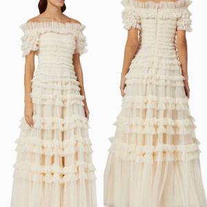 맞춤형 쉬폰 플리츠 티어드 오프 숄더 A 라인 롱 드레스 맞춤형 행사 홈 커밍 심플 우아함