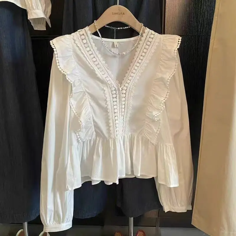 여성용 셔츠 2025년 가을 신상 러플 랩 비대칭 긴팔 캐주얼 탑 브이넥 솔리드 여성 패션 블라우스 한국 패션