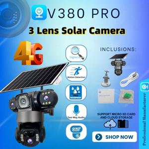 V380 Pro 3 렌즈 IP 태양광 카메라 HD 15MP 실외 방수 CCTV 야간 투시 양방향 오디오 카메라 모바일 추적 4G IP 카메라