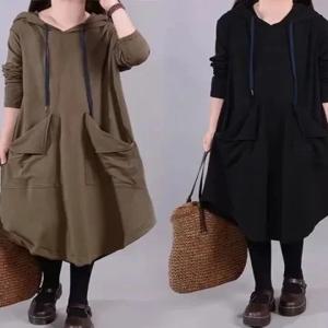 우아한 플러스 사이즈 긴팔 원피스, 중년 엄마들을 위한 봄 가을 루즈핏 배 가리개 캐주얼 스타일 폴리에스터 섬유