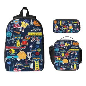 페트 더 캣 아이 러브 마이 화이트 슈즈 백팩 세트 (여아/남아용) 펜 케이스, 책가방, 도시락 가방 포함 (학생용)