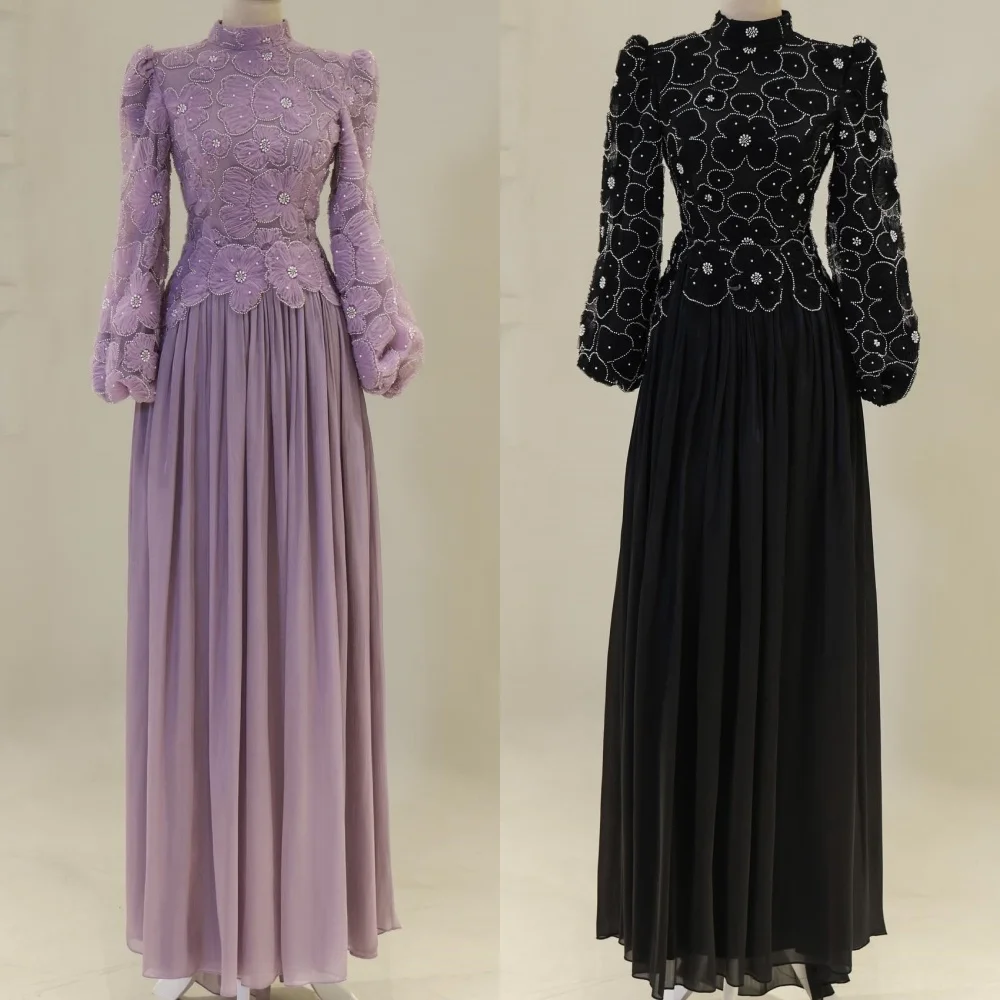 맞춤형 고품질 패션 쉬폰 수제 꽃 구슬 직선 높은 칼라 긴 드레스 맞춤형 행사 드레스 레트로