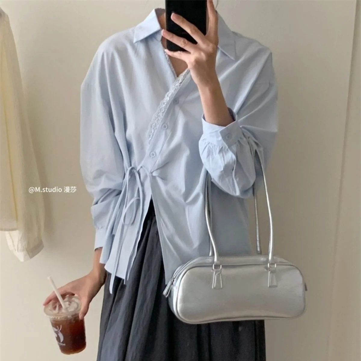 긴 소매 셔츠 여성 쉬폰 프릴 오버 사이즈 버튼 다운 프레피 스타일 젊고 달콤한 섹시한 스트리트 데일리웨어 트렌디