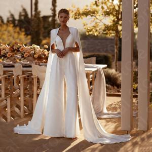 맞춤 제작 최신 투피스 웨딩드레스 화이트 팬츠 슈트 신부 가운 점프수트 케이프 웨딩드레스 백오픈