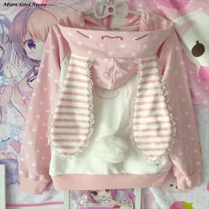 일본 카와이 토끼 귀 코트 여성용 달콤한 핑크 스트라이프 지퍼 후드 코트 그런지 후디 Y2k 하라주쿠 딸기 ​ 스웨트셔츠