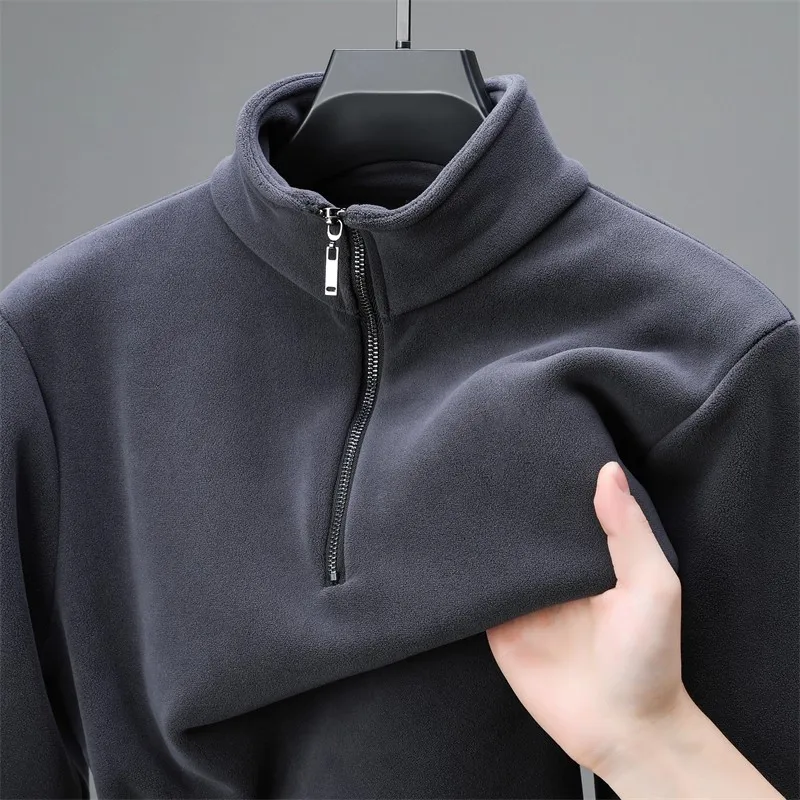 두꺼운 양털 후드티 남성용 가을 겨울 하프 하이 칼라 따뜻한 베이스 셔츠 하프 지퍼 슬림 긴팔 티셔츠 캐주얼 스타일