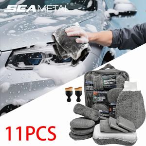 SEAMETAL 11pcs 마이크로 화이버 자동차 청소 키트 업그레이드 자동차 휠 타이어 브러시 스폰지 타월 디테일링 미트 클린 패드 (보관 가방 포함)