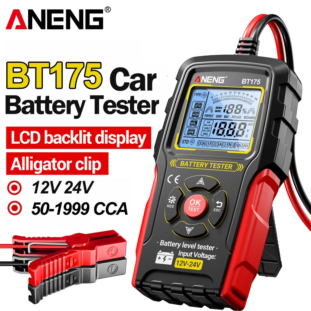 12V 24V 자동차 배터리 테스터 디지털 자동차 발전기 분석기 디스플레이 화면 ANENG BT175 절연 악어 클립 도구 포함