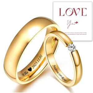 맞춤형 커플 반지 선물 카드 포함, 여성 남성 PVD 금도금 이름 사랑 웨딩 밴드, 개인 맞춤형 발렌타인데이 선물