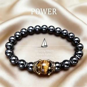 남성용 스타일리시 천연석 팔찌 빈티지 왕관 힘의 상징 헤마타이트 비즈 친구 선물 천연 타이거 아이 비즈