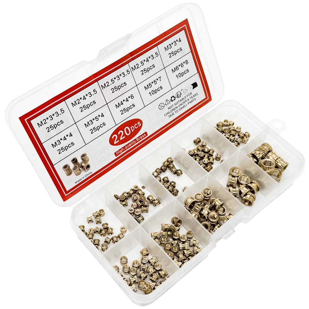 3D 프린팅용 황동 열설착 인서트 너트 220개, M2 M2.5 M3 M4 M5 M6, 플라스틱 레진 모델용 널링 나사형 인서트