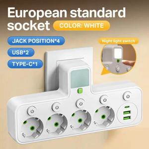 EU 플러그 소켓 4구 멀티탭, USB C타입 포트 2개 포함, 연장선 없음, 가정 및 사무실용 벽면 충전 어댑터