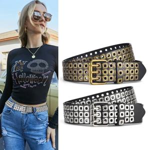 레트로 스퀘어 리벳 남성용 벨트, 3열 니들 버클 힙합 록 펑크 Y2K 스타일 청바지 벨트, 여성용 고스 허리띠