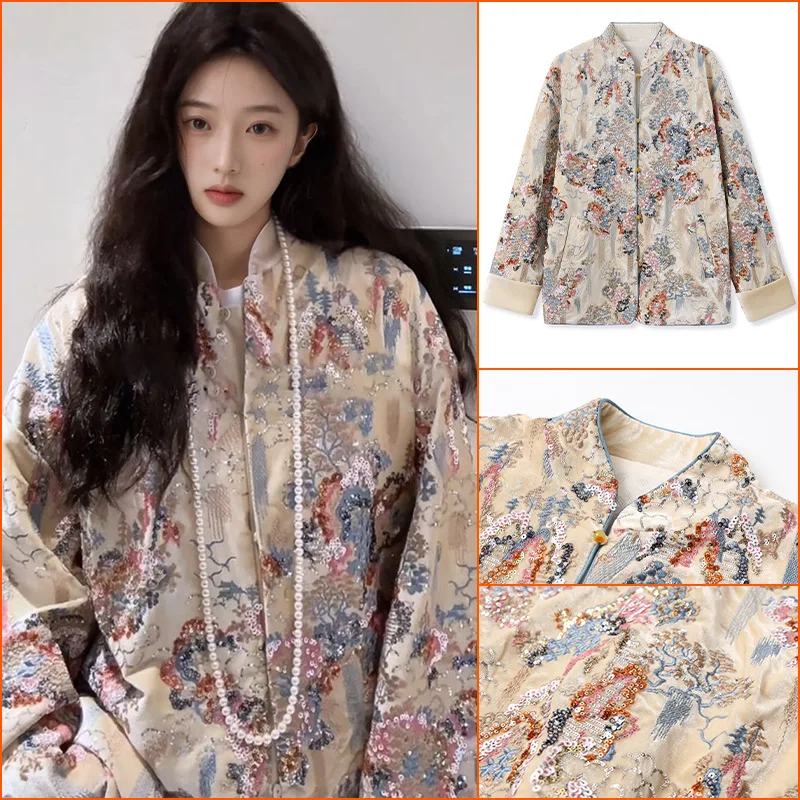 럭셔리 자켓 탕복 스팽글 자수 만다린 칼라 한복 의상 여성용 따뜻한 벨루어 치파오 탑 봄 축제 선물