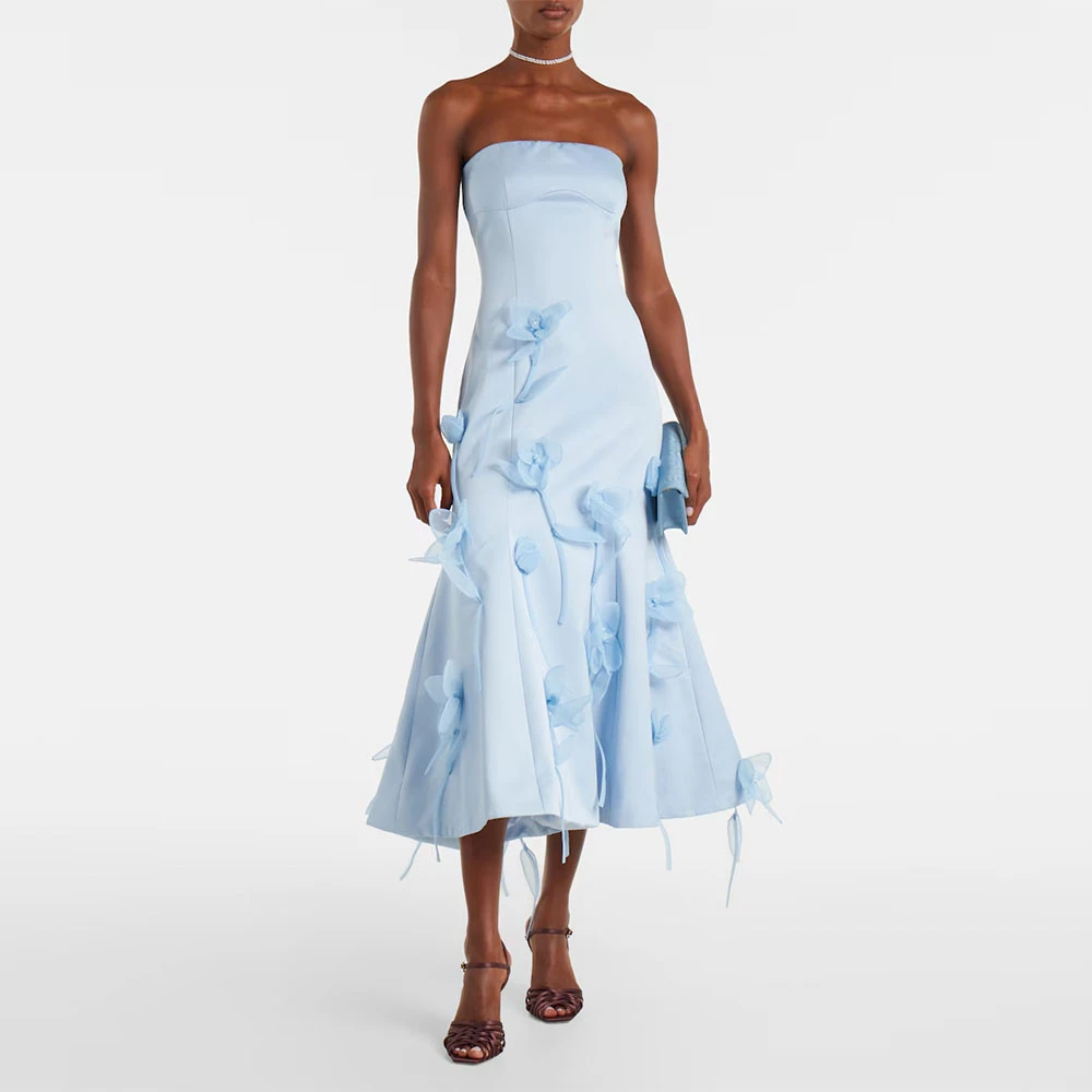 현대 여성의 이브닝 가운 머메이드 티 길이 정장 웨딩 파티 드레스 꽃이 달린 스트랩리스 사우디 드레스 프롬 드레스