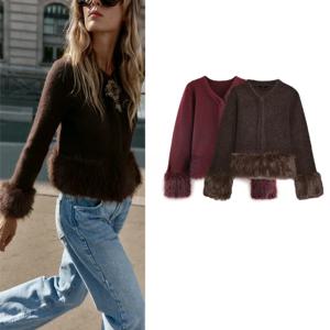 겨울 신상 여성 니트 자켓 V넥 긴팔 페이크 퍼 효과 스플라이싱 아우터웨어 출퇴근 스타일 루즈핏 폴리에스터